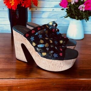 NEW Free People 1970s Style Black Lisbon Embroidered Cork Platform Mules Sandals